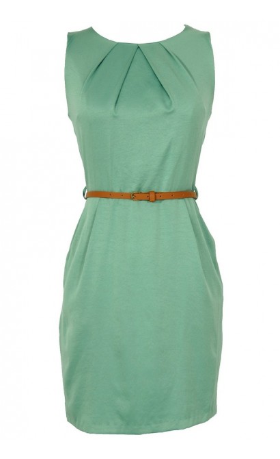 Classic Belted Sheath Dress in Sage